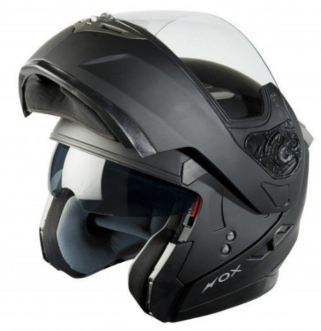 Le casque moto modulable Nox N963 en position ouverte comme un casque Jet